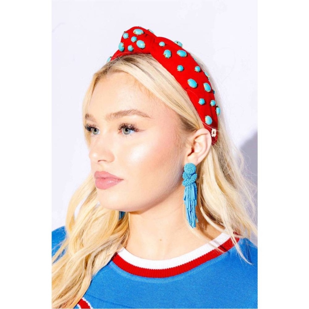 Hello Edie Red Knotted Headband with Blue Gemstone Studs